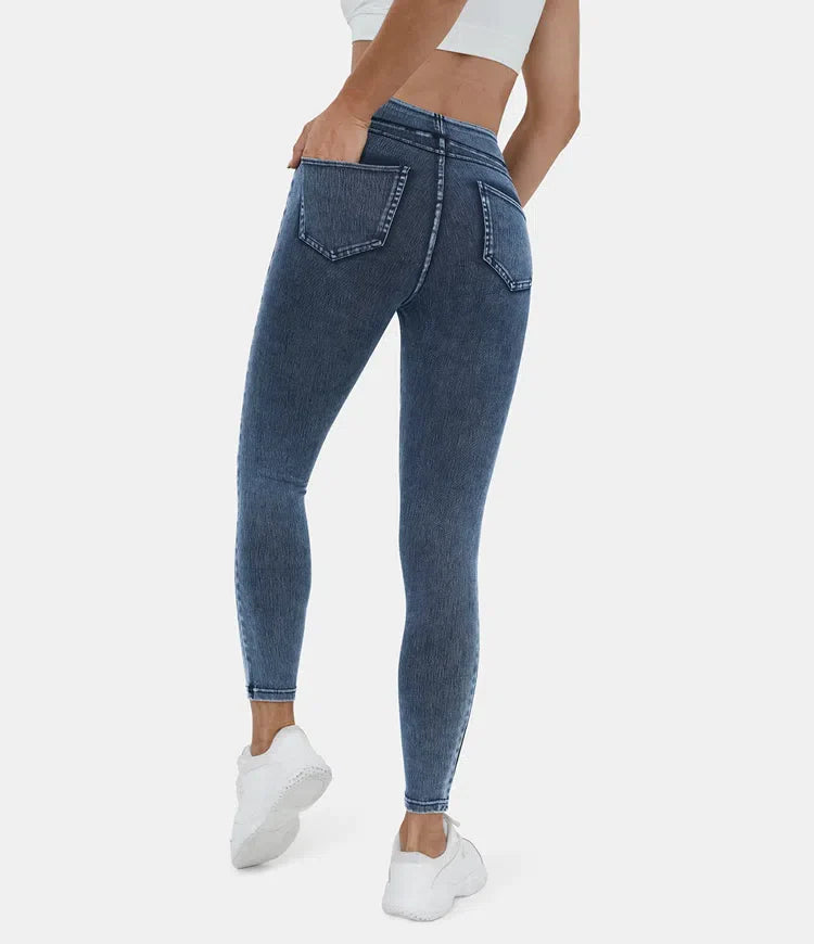 Leggings décontractés en denim tricoté extensible avec poche latérale arrière taille haute