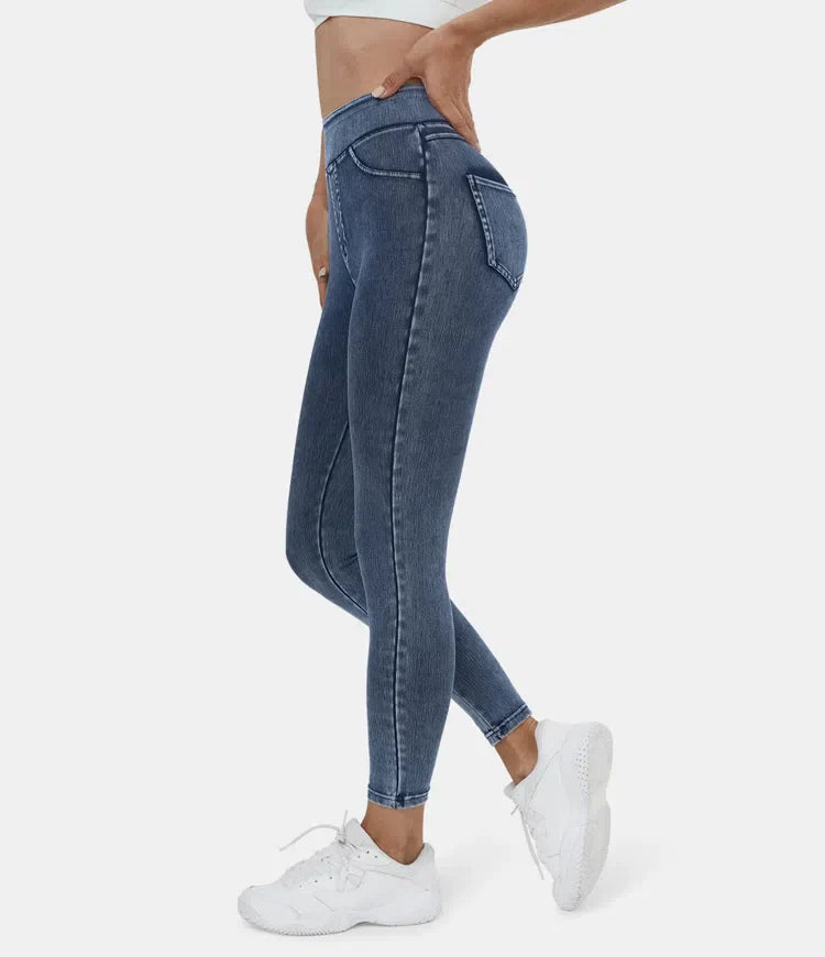 Leggings décontractés en denim tricoté extensible avec poche latérale arrière taille haute