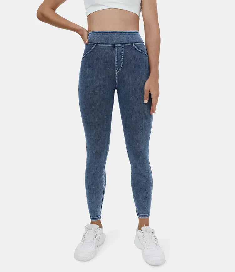 Leggings décontractés en denim tricoté extensible avec poche latérale arrière taille haute