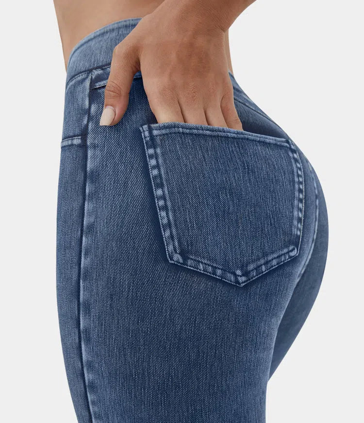 Leggings décontractés en denim tricoté extensible avec poche latérale arrière taille haute