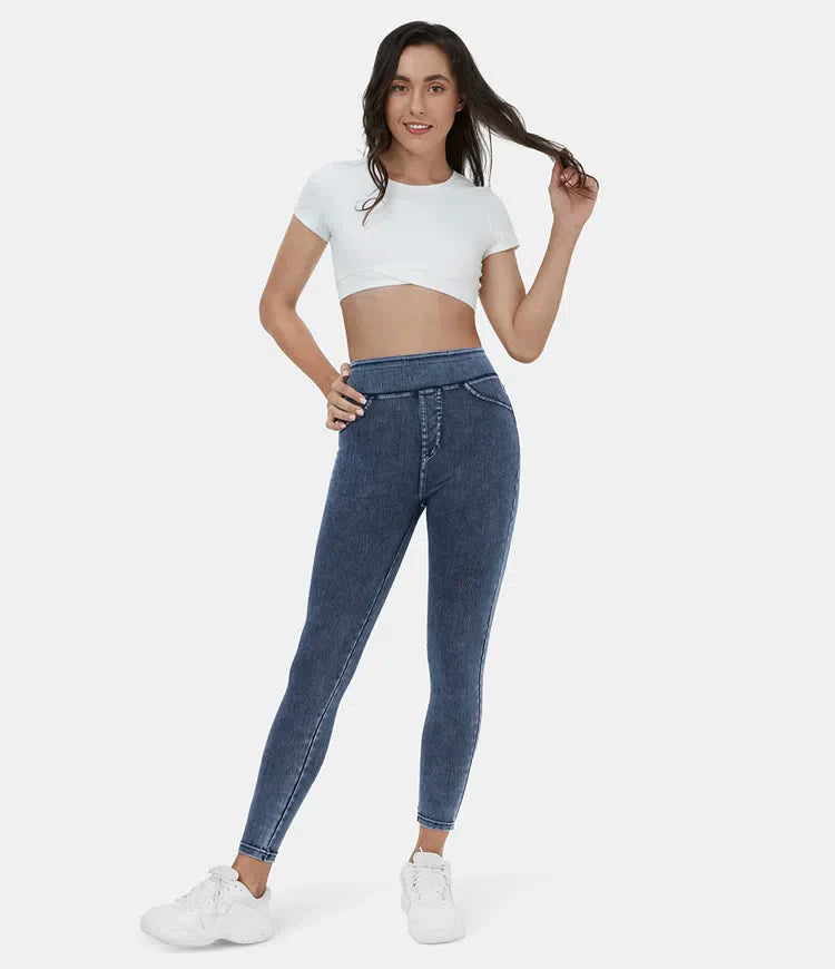 Leggings décontractés en denim tricoté extensible avec poche latérale arrière taille haute