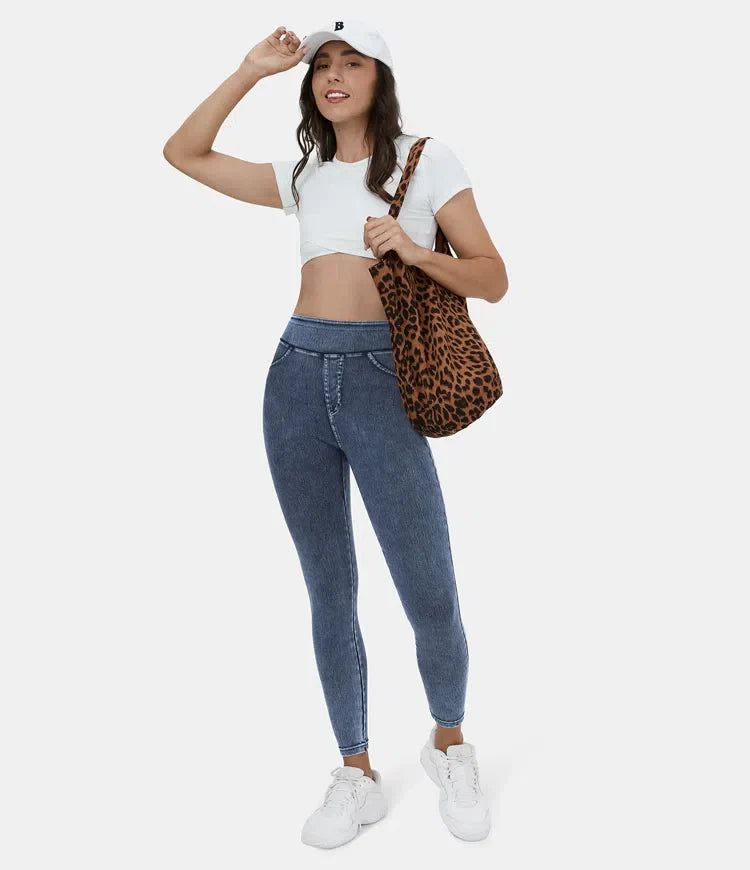 Leggings décontractés en denim tricoté extensible avec poche latérale arrière taille haute