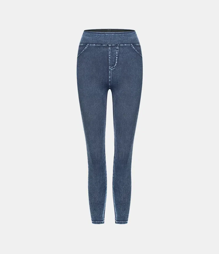 Leggings décontractés en denim tricoté extensible avec poche latérale arrière taille haute