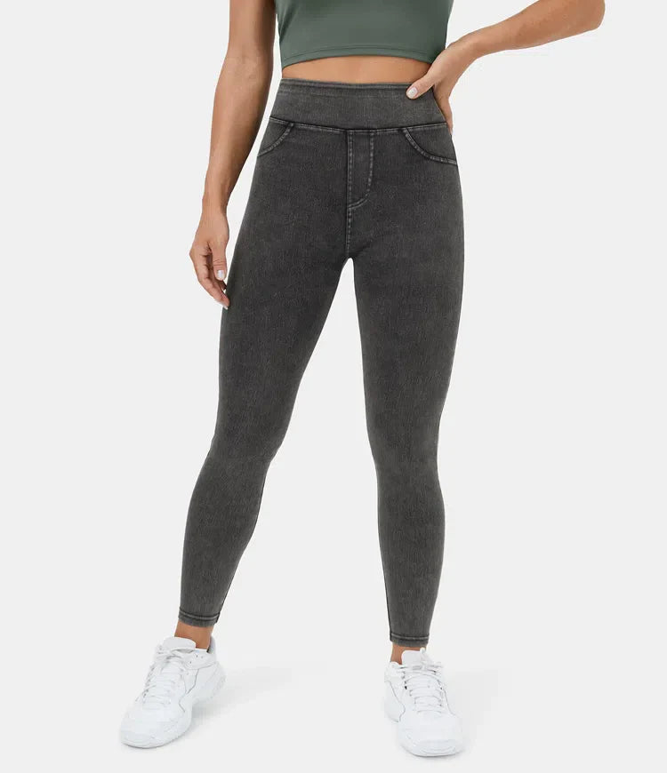 Leggings décontractés en denim tricoté extensible avec poche latérale arrière taille haute