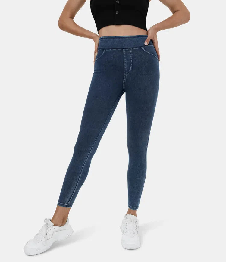 Leggings décontractés en denim tricoté extensible avec poche latérale arrière taille haute