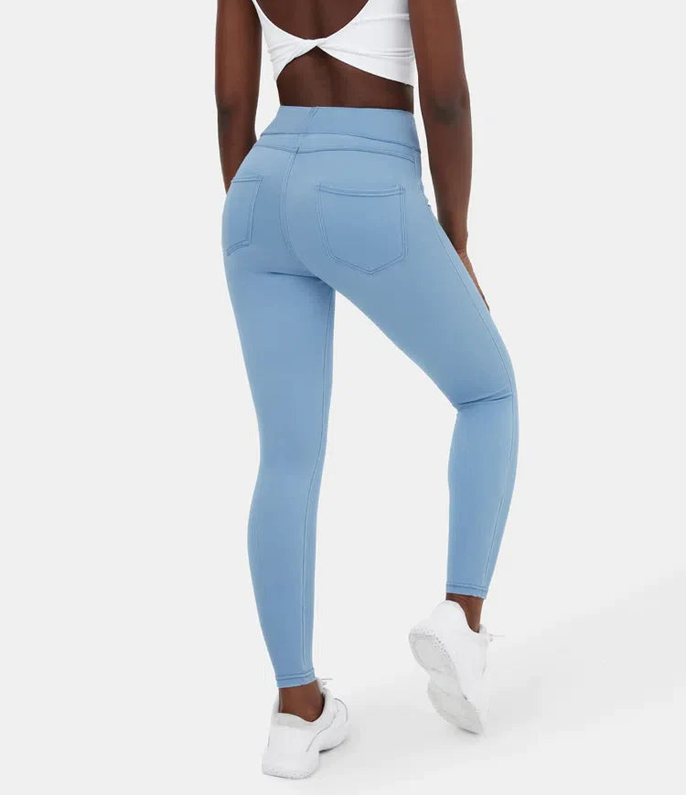 Leggings décontractés en denim tricoté extensible avec poche latérale arrière taille haute