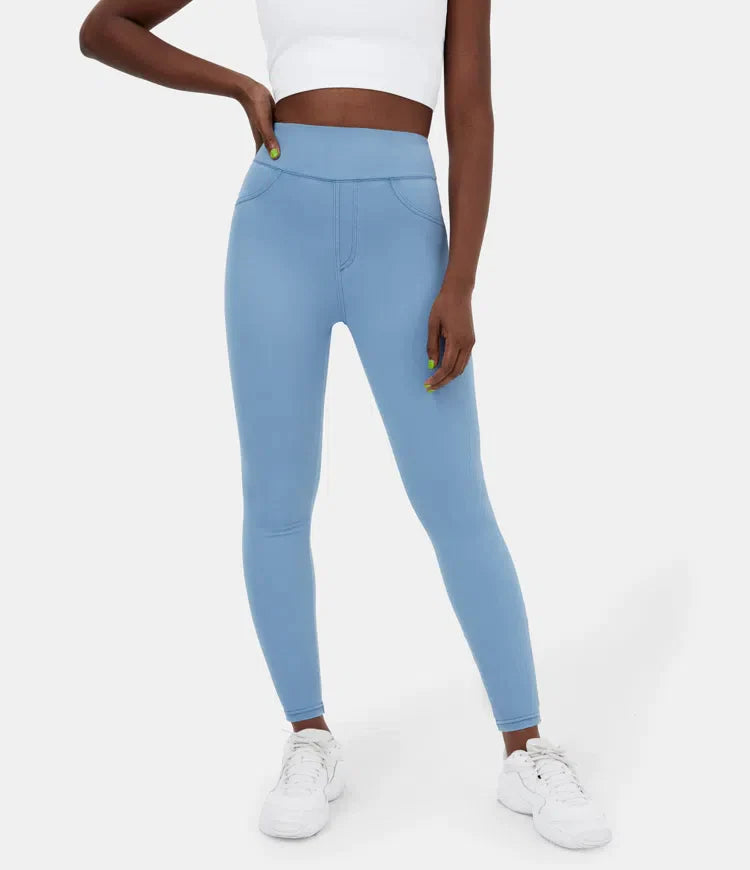 Leggings décontractés en denim tricoté extensible avec poche latérale arrière taille haute