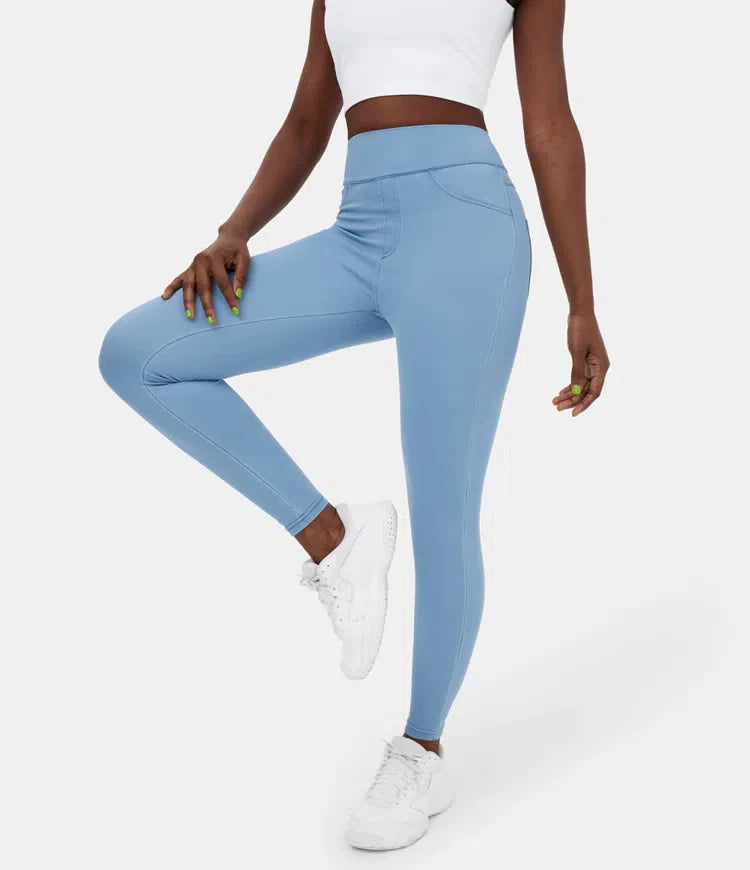 Leggings décontractés en denim tricoté extensible avec poche latérale arrière taille haute