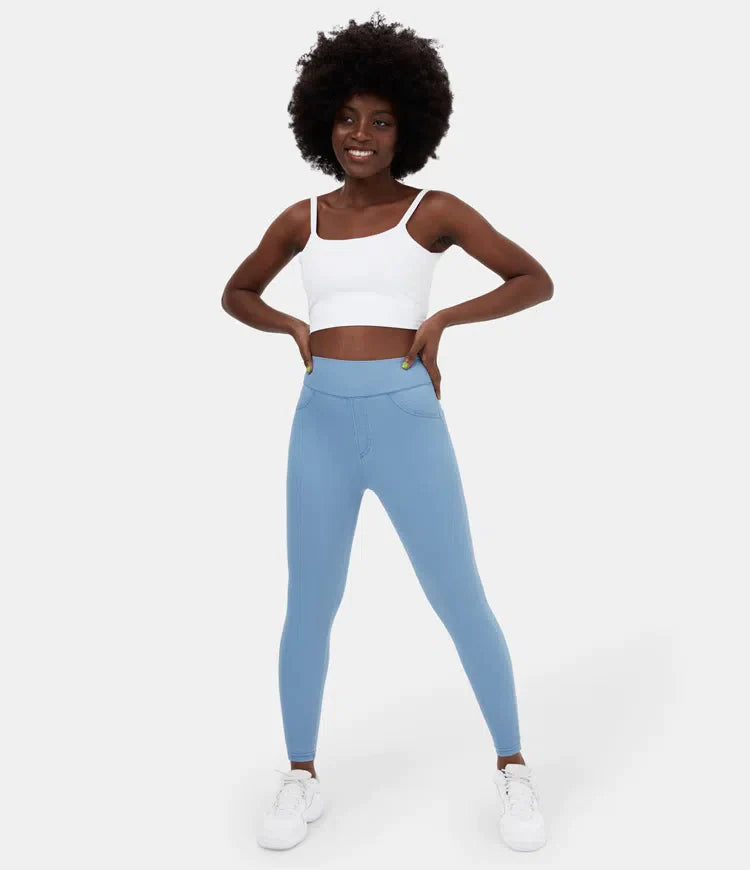 Leggings décontractés en denim tricoté extensible avec poche latérale arrière taille haute