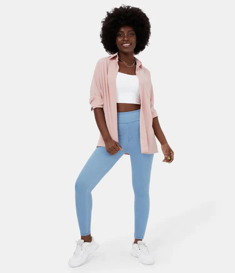 Leggings décontractés en denim tricoté extensible avec poche latérale arrière taille haute