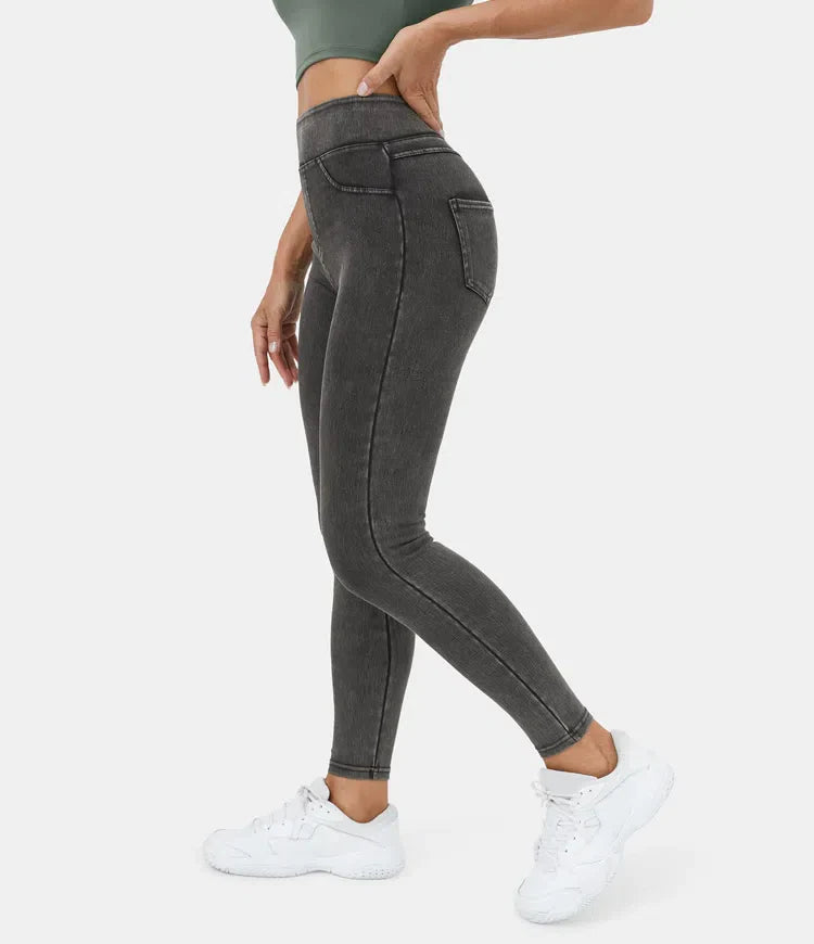 Leggings décontractés en denim tricoté extensible avec poche latérale arrière taille haute