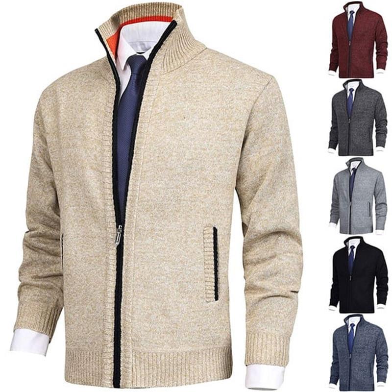 Acheter 2 livraison gratuite-Cardigan en tricot à col roulé de couleur unie pour hommes