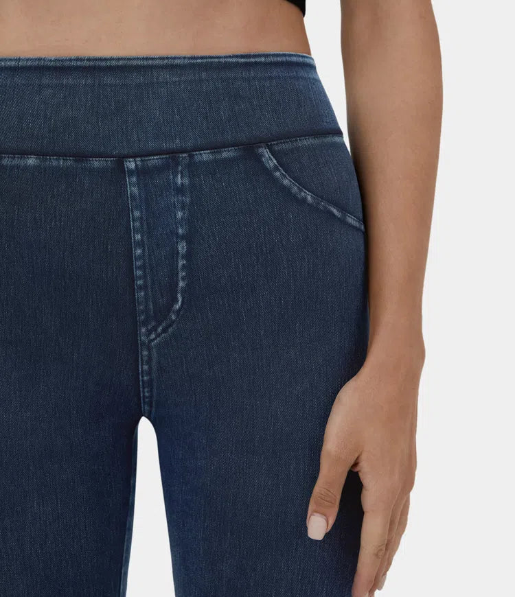 Leggings décontractés en denim tricoté extensible avec poche latérale arrière taille haute