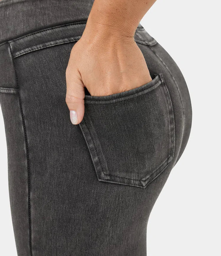 Leggings décontractés en denim tricoté extensible avec poche latérale arrière taille haute