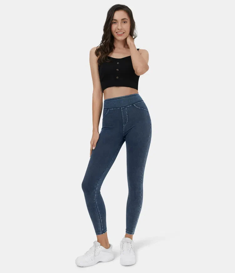 Leggings décontractés en denim tricoté extensible avec poche latérale arrière taille haute