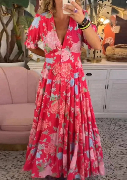 Vente chaude💃Robe longue ample florale à col en V