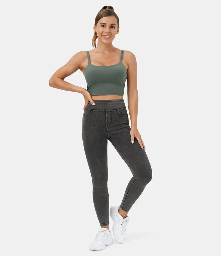 Leggings décontractés en denim tricoté extensible avec poche latérale arrière taille haute