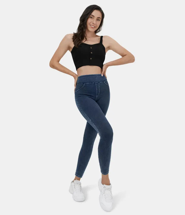 Leggings décontractés en denim tricoté extensible avec poche latérale arrière taille haute