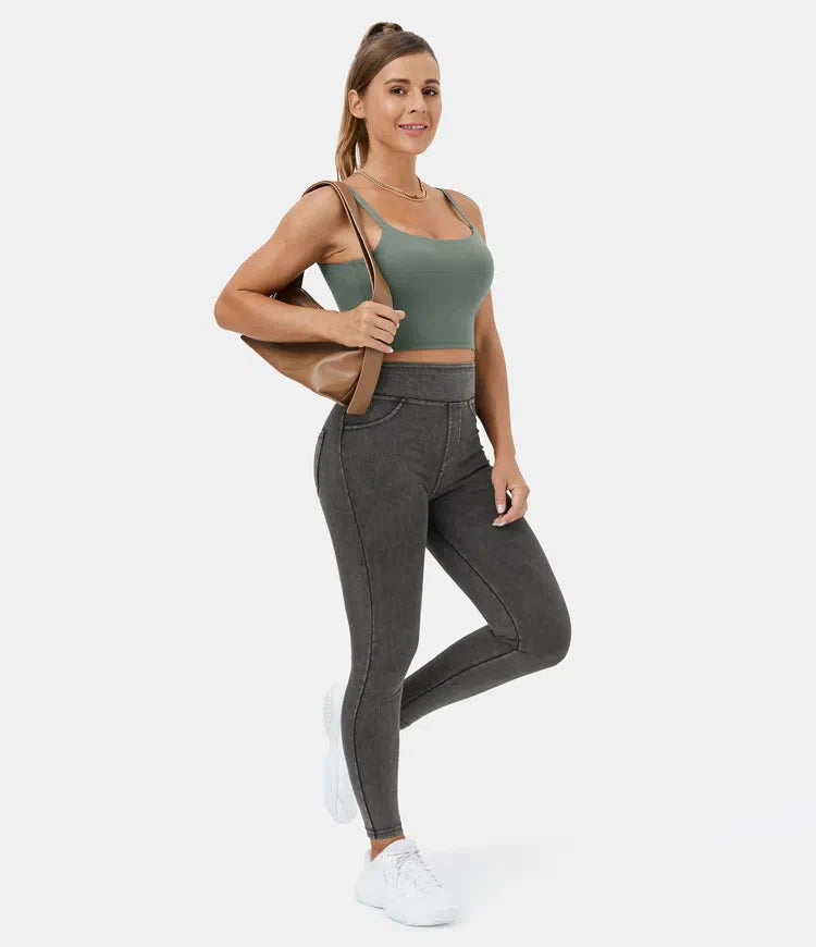 Leggings décontractés en denim tricoté extensible avec poche latérale arrière taille haute