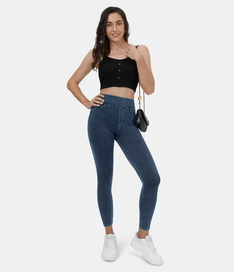 Leggings décontractés en denim tricoté extensible avec poche latérale arrière taille haute