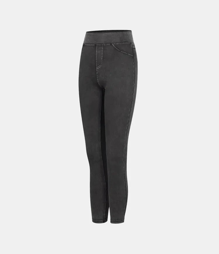 Leggings décontractés en denim tricoté extensible avec poche latérale arrière taille haute