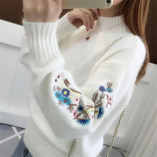 Pull épais en tricot de cachemire avec broderie florale