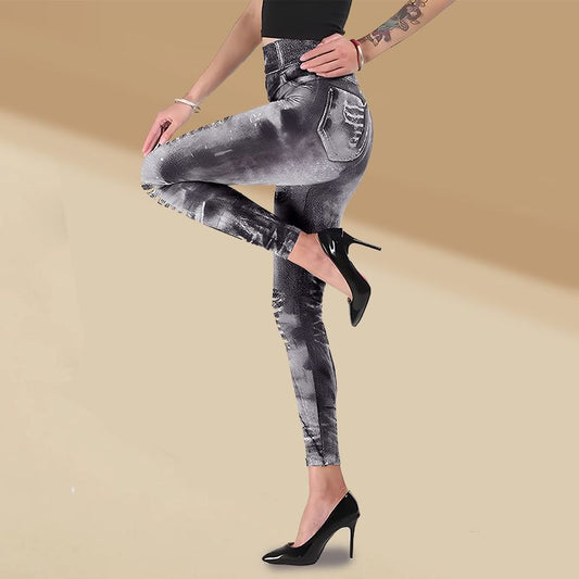 Pantalon legging jacquard en faux denim déchiré extensible pour femme