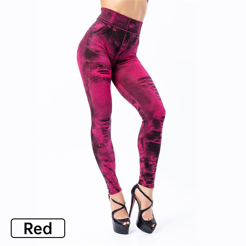 Pantalon legging jacquard en faux denim déchiré extensible pour femme